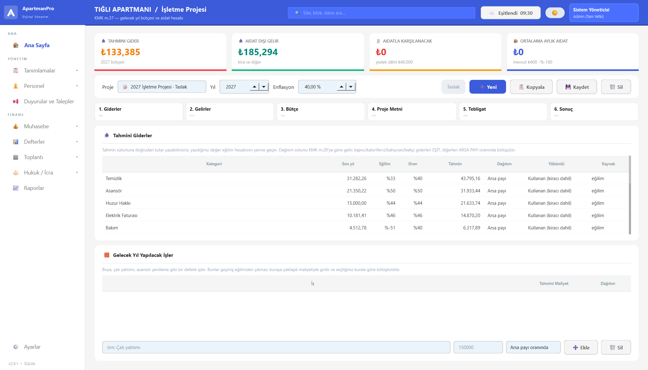 ApartmanPro annual operating plan screen: estimated expense
                table with per-category trend and inflation rate, allocation
                column and the resulting dues per unit