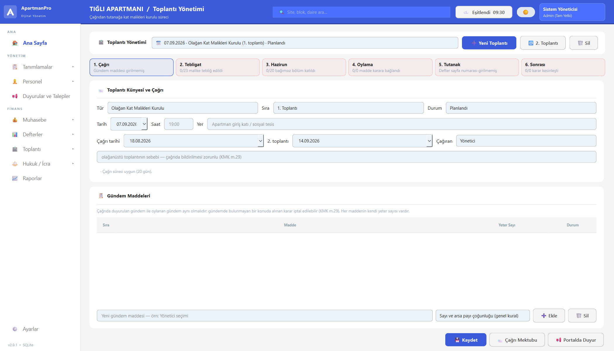 ApartmanPro meeting management screen showing the six-stage
                strip: notice, service, attendance, voting, minutes and
                aftermath, with the agenda item table below
