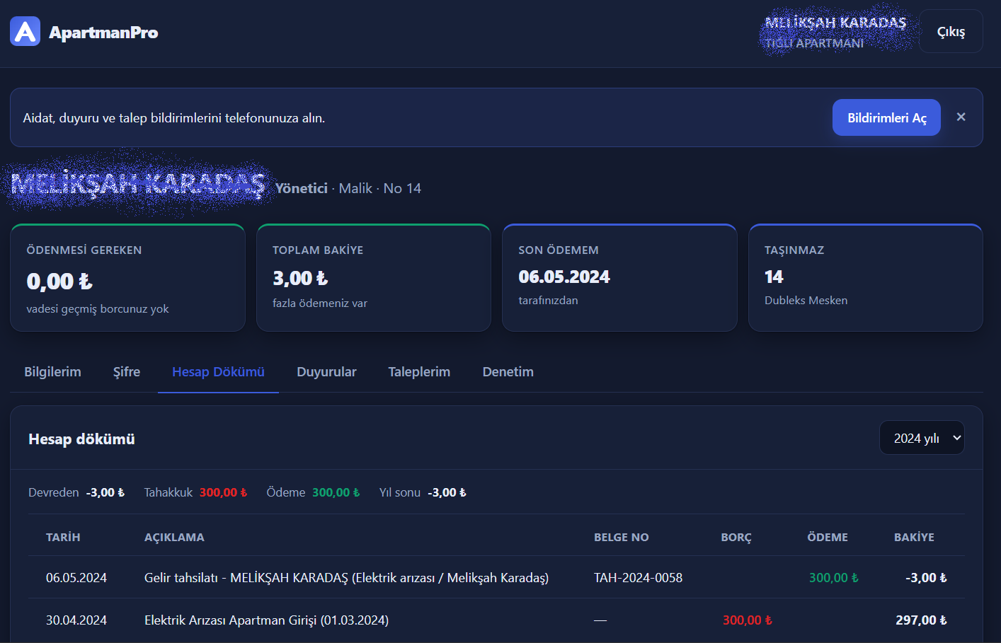 Portal ekranı: Kat malikinin telefonundan gördüğü ekran.
